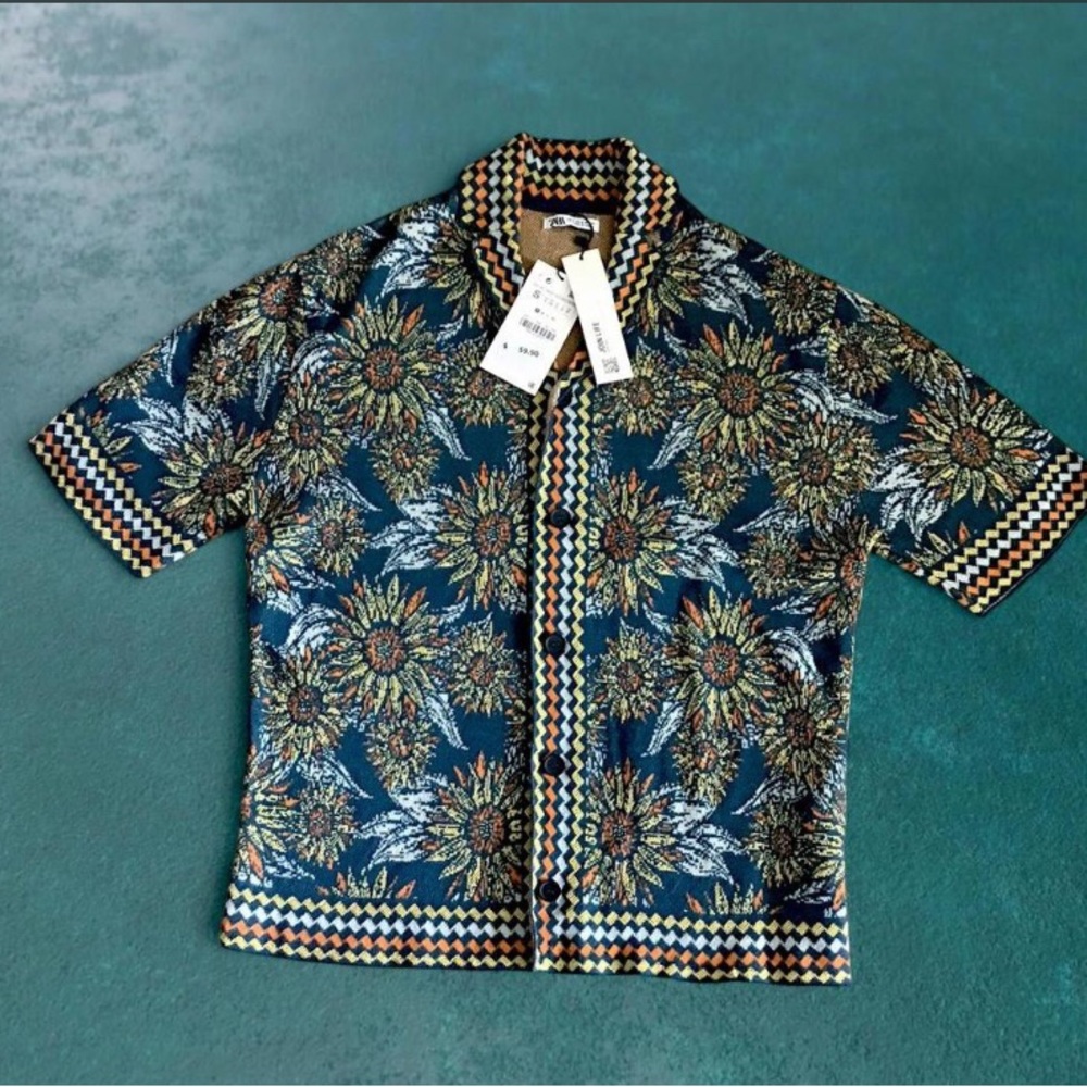 Zara Teal Floral Short-Sleeve Button-Down Shirt